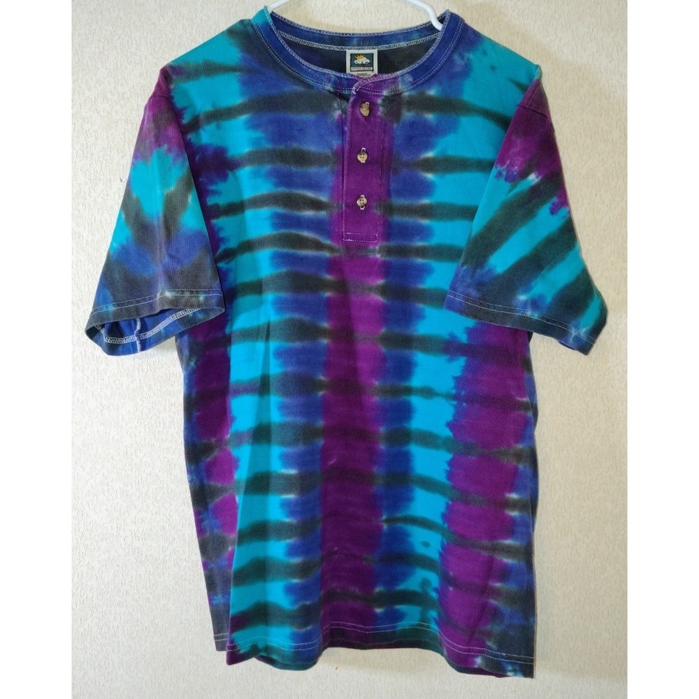 Vintage 90s Cotton Deluxe AOP Men's Tie Dye Henley Shirt M
